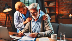An elderly person sitting at a table, thoughtfully looking at medical documents and bills, trying to decide on a healthcare insurance plan. A compassionate healthcare assistant, wearing a professional uniform, stands beside the senior, gently rubbing his shoulders to offer support. The senior appears deep in thought, with reading glasses on and a pen in hand. A laptop and papers with the words 'Medicare' and 'Medicaid' are visible on the table. The setting is a cozy home environment with warm lighting, books, and a cup of coffee nearby. The atmosphere conveys decision-making, care, and support.